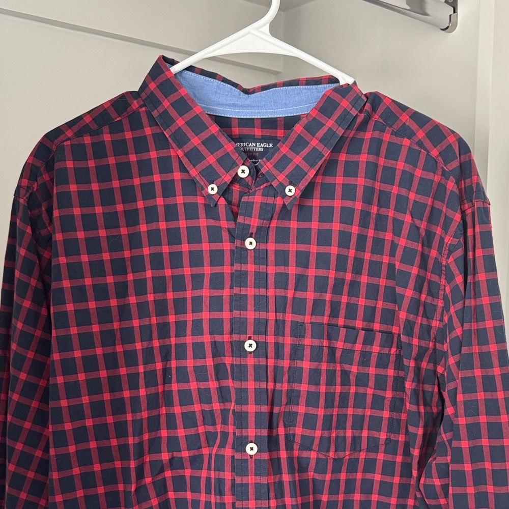 American Eagle Outfitters Red and Navy Checkered button down shirt